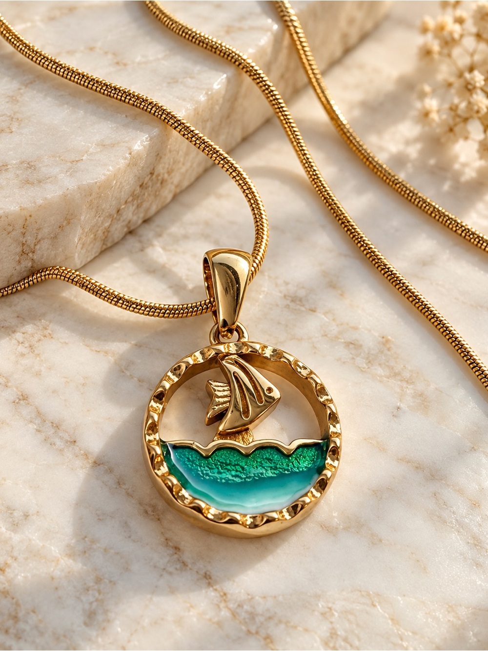 Gold Plated Sailboat Pendant Necklace with Green Enamel Accent 18 inches
